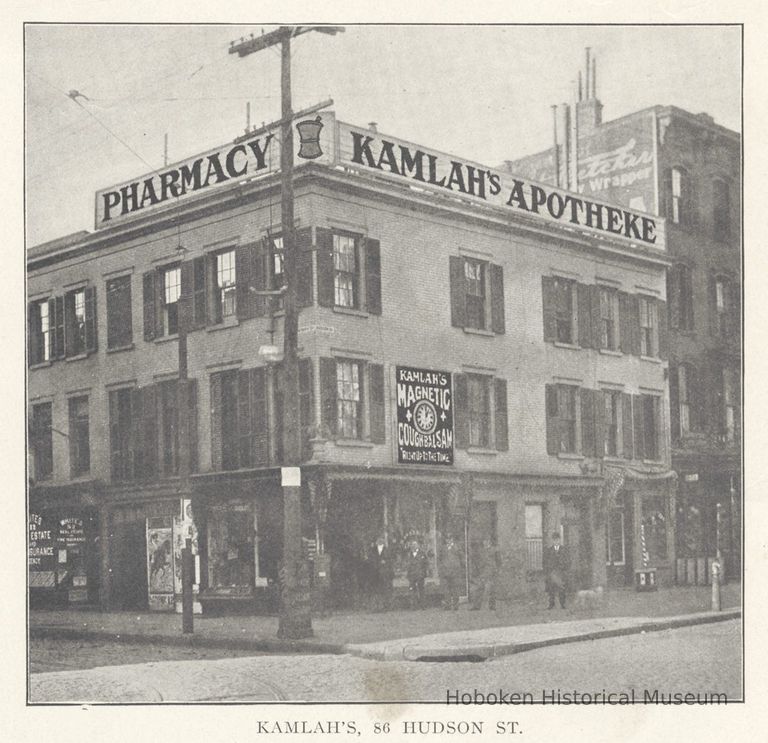 Printed B+W photograph of William Kamlah, Pharmacy, 86 Hudson St. Hoboken, no date, ca. 1906-1908. picture number 1