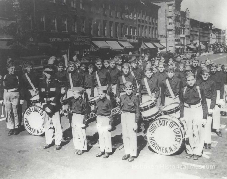 B+W photostatic copy of image of Our Lady of Grace Marching Band posed on Washington Street, Hoboken, no date, ca. 1950. picture number 1