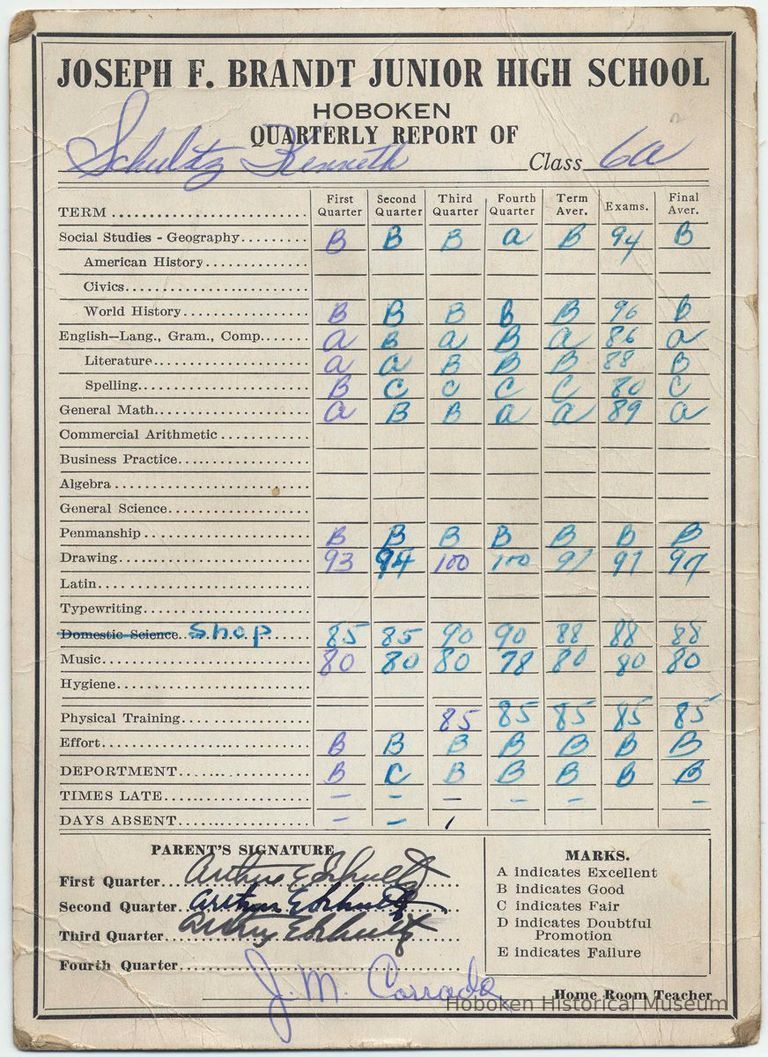 Digital image of Kenneth Schultz's sixth grade report card for class 6A2, Brandt School, Hoboken, no date, ca. 1949-50. picture number 1