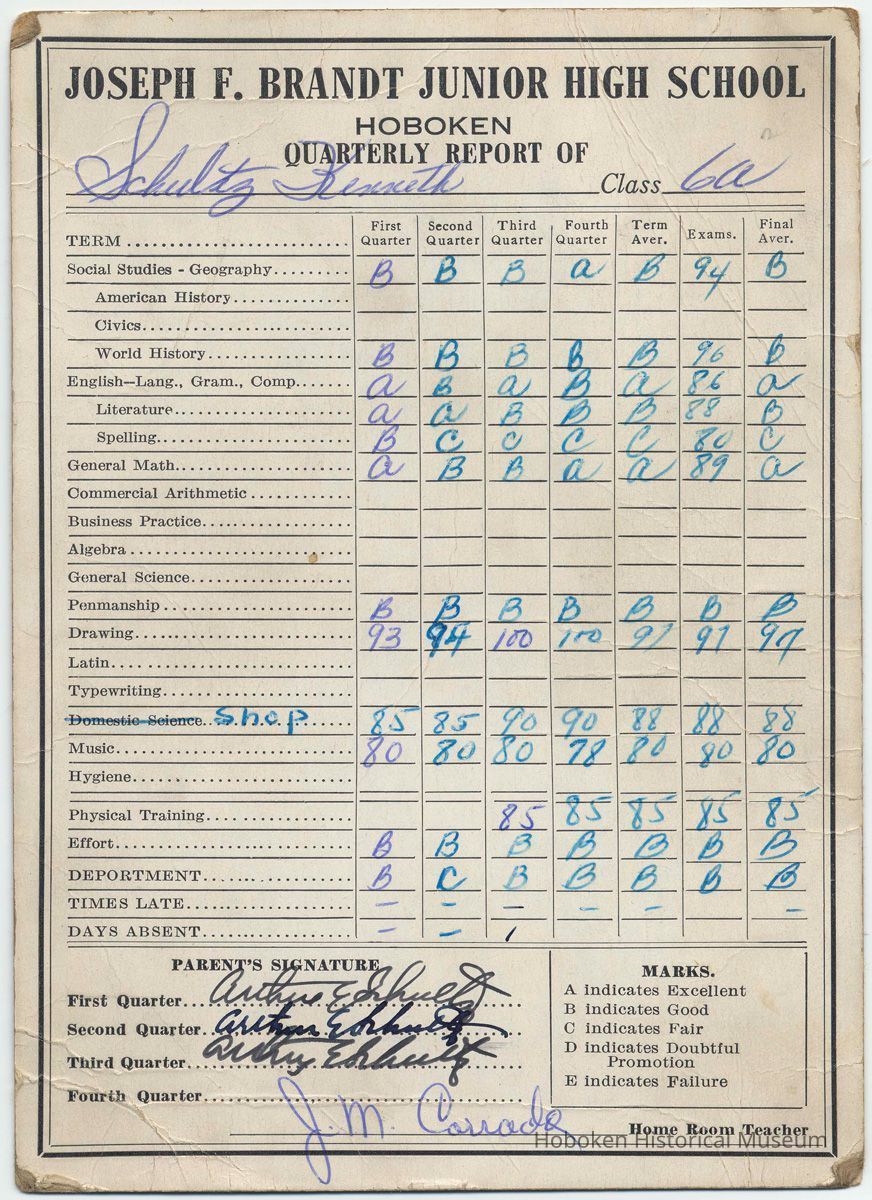 Digital image of Kenneth Schultz's sixth grade report card for class 6A2, Brandt School, Hoboken, no date, ca. 1949-50. picture number 1