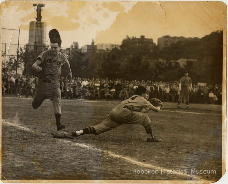 B+W photo of player in Hoboken uniform at baseball game in Weehawken, N.J., no date, circa 1950-1955. picture number 1