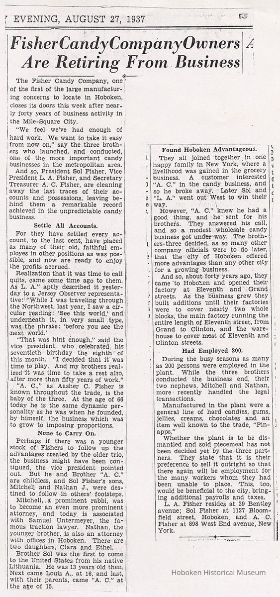 Newsclipping: FISHER CANDY COMPANY OWNERS ARE RETIRING FROM BUSINESS. Jersey Observer, Aug, 27, 1937. picture number 1