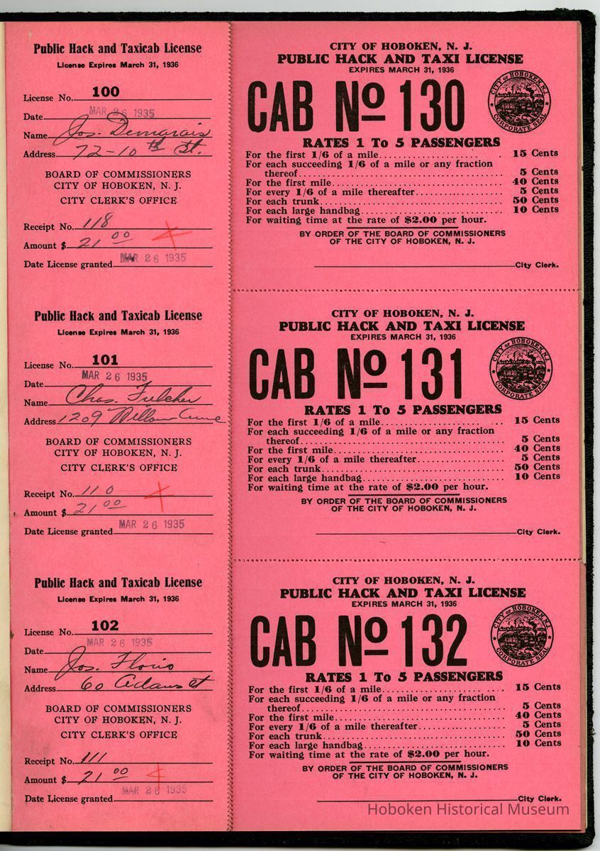front leaf with stub receipts 100-102; view to unissued licenses 130-132