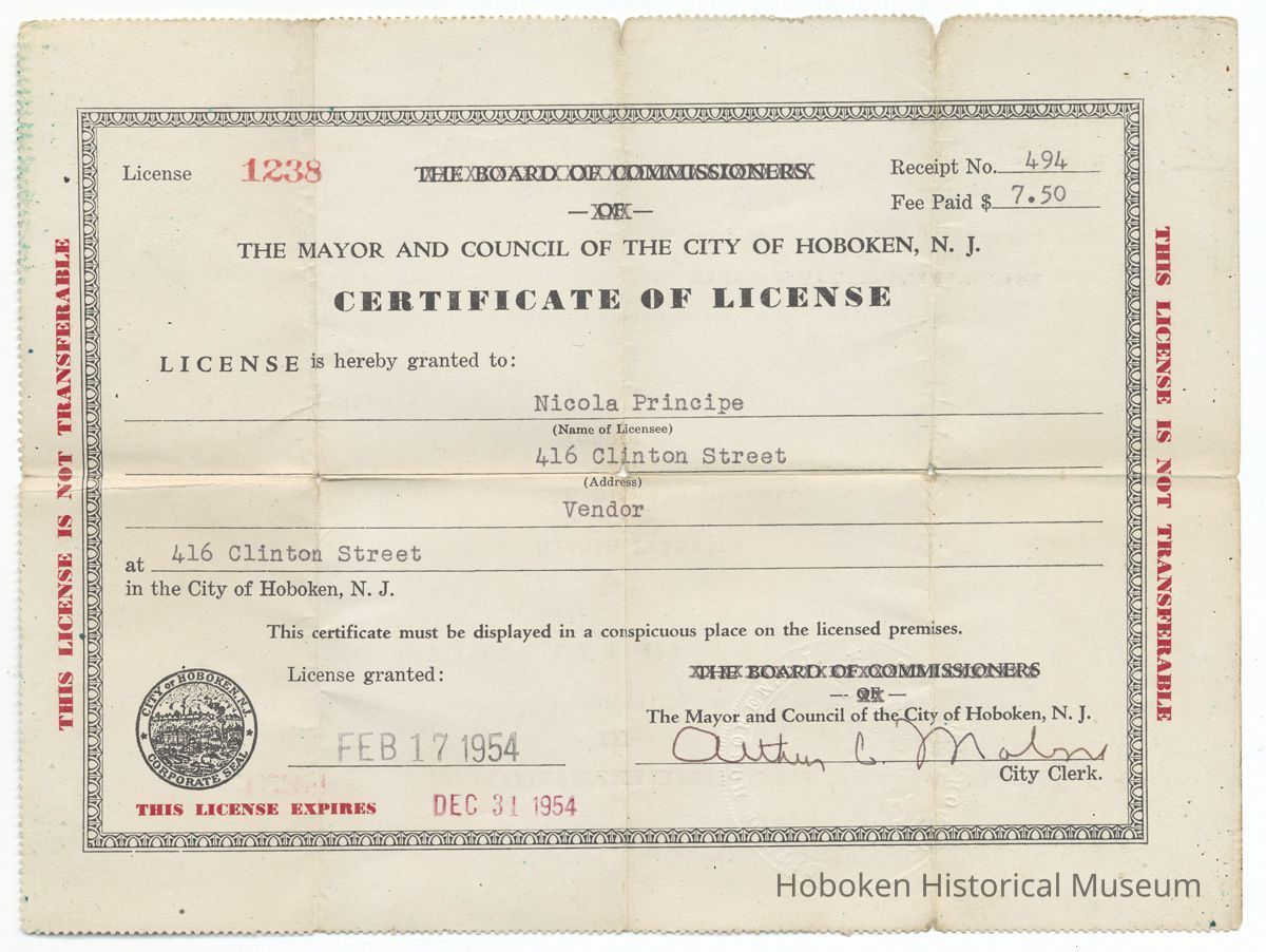 Vendor's license of Nicola Principe, 416 Clinton St. for 1954 from City of Hoboken, Feb.17, 1954. picture number 1