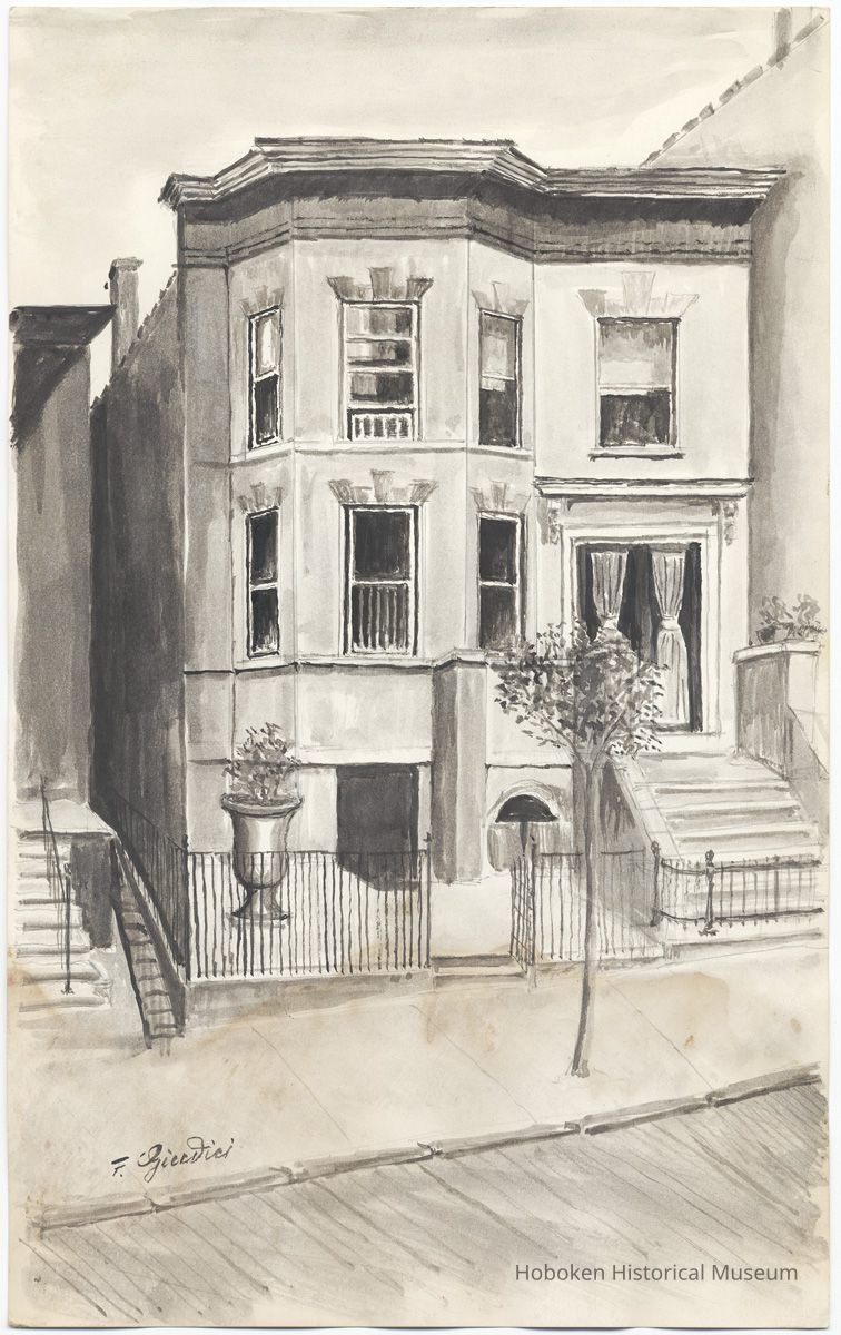 Painting: Residential building probably on a side street, Hoboken. Signed by F. Guidici. No date, circa mid-1970's to early 1980's. picture number 1