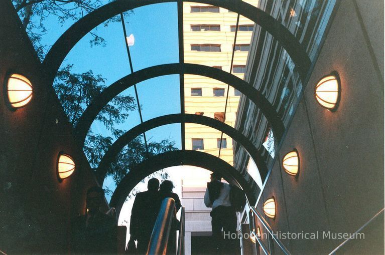 Digital image of color photo view looking up an exterior stairway exit at the Grove Street PATH station, Jersey City, N.J., Oct., 1999. picture number 1