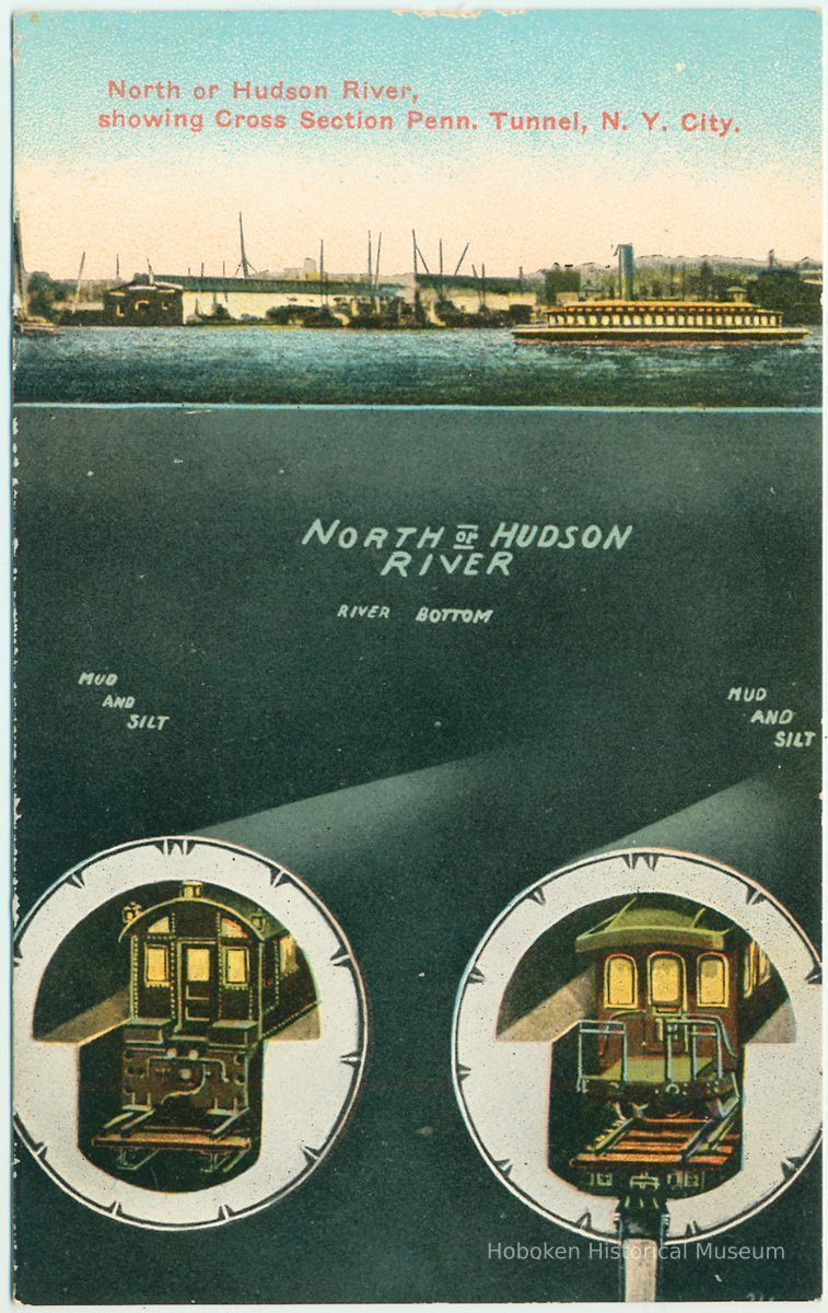 Digital image of Hudson & Manhattan R.R. postcard titled: North or Hudson River Showing Cross Section Penn. Tunnel, New York City. No date, ca. 1910. picture number 1