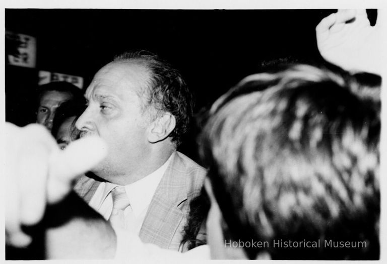 B+W photo of Tom Vezzetti with supporters on election night, Hoboken, [June 11, 1985]. picture number 1