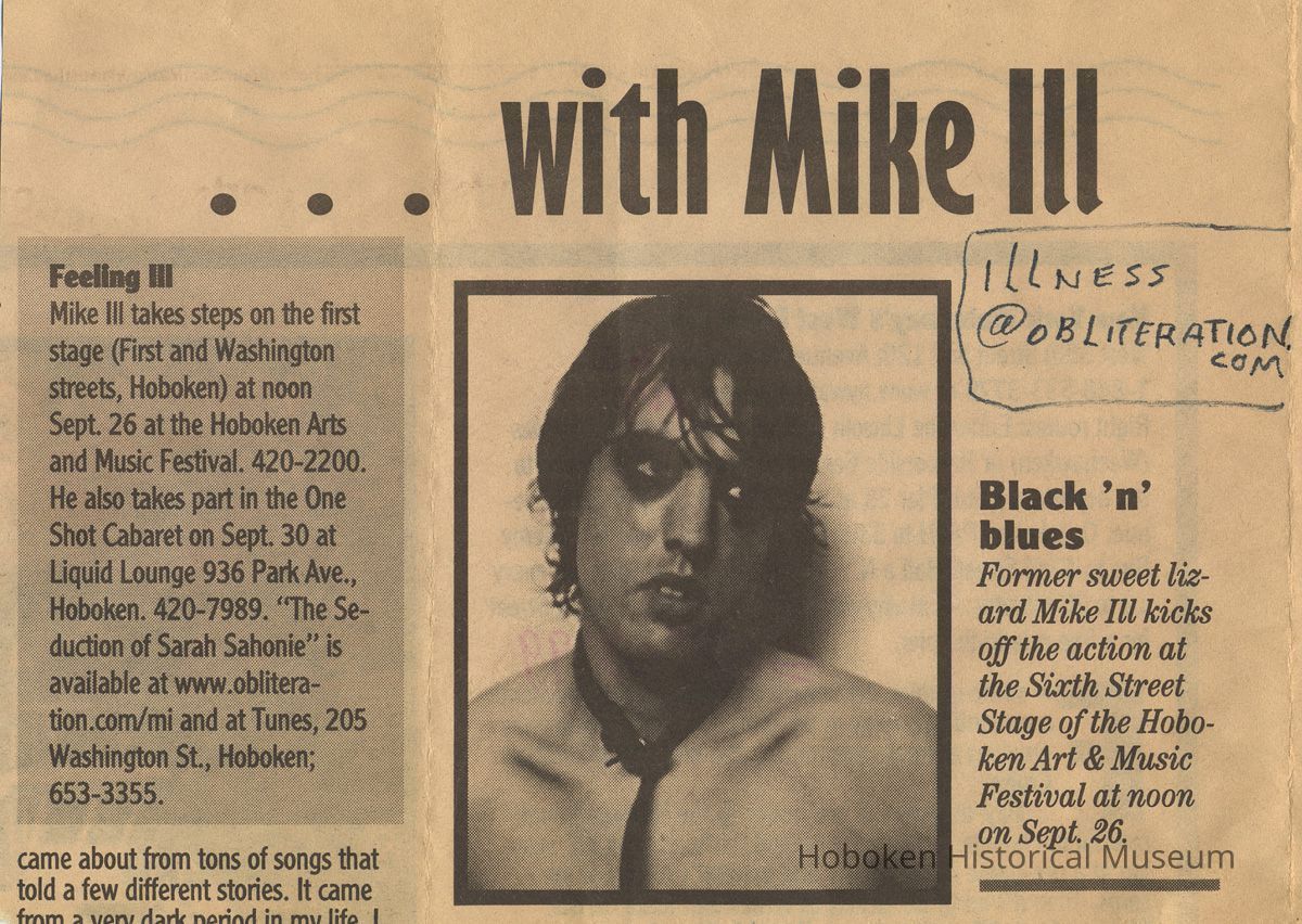 Newsclipping: ...with Mike Ill. Notice about Hoboken Arts & Music Festival performance., Sept., 1999. picture number 1