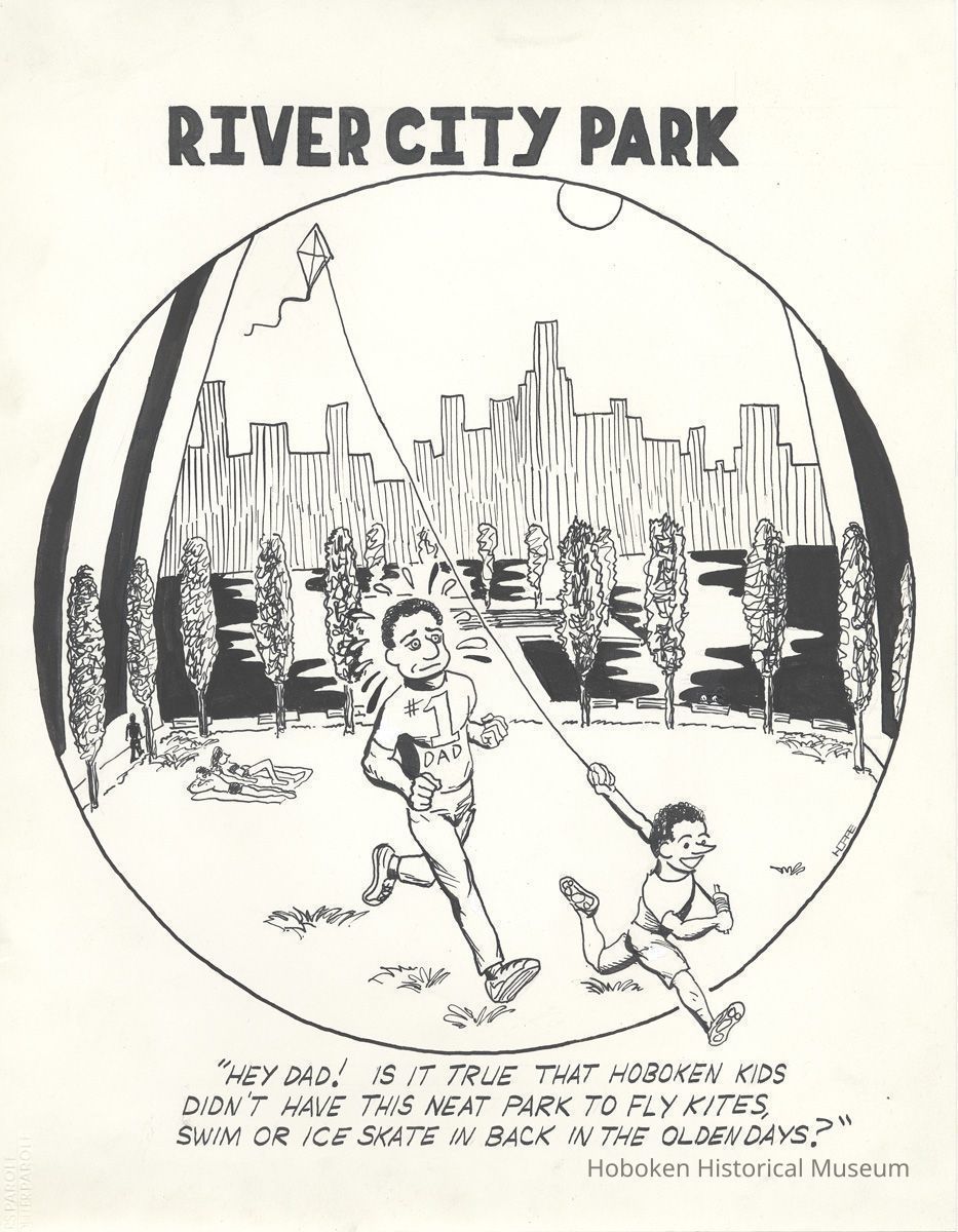 Pen-and-ink drawing: River City Park. Artist: Randy Hoppe, Hoboken, no date, circa 1990-1991 picture number 1