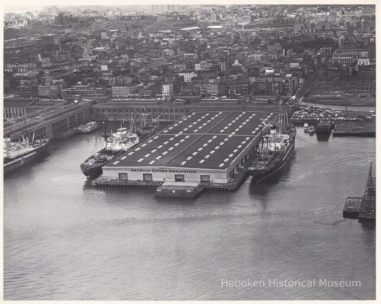 B+W aerial photo of Port Authority Pier C, River St. at 4th St. & Hudson River, Hoboken, n.d., ca. 1965-1968. picture number 1