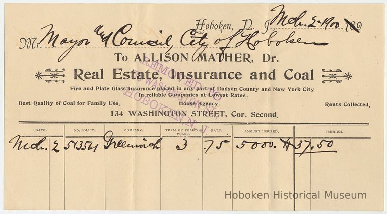 Bill from Allison Mather, Real Estate, Insurance & Coal, 53 Washington St., Hoboken, March 2, 1900, to City for insurance. picture number 1