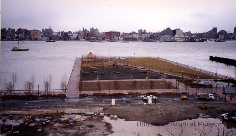 Color photo of an elevated view of construction progress of Pier A Park, Hoboken, 1999. picture number 1