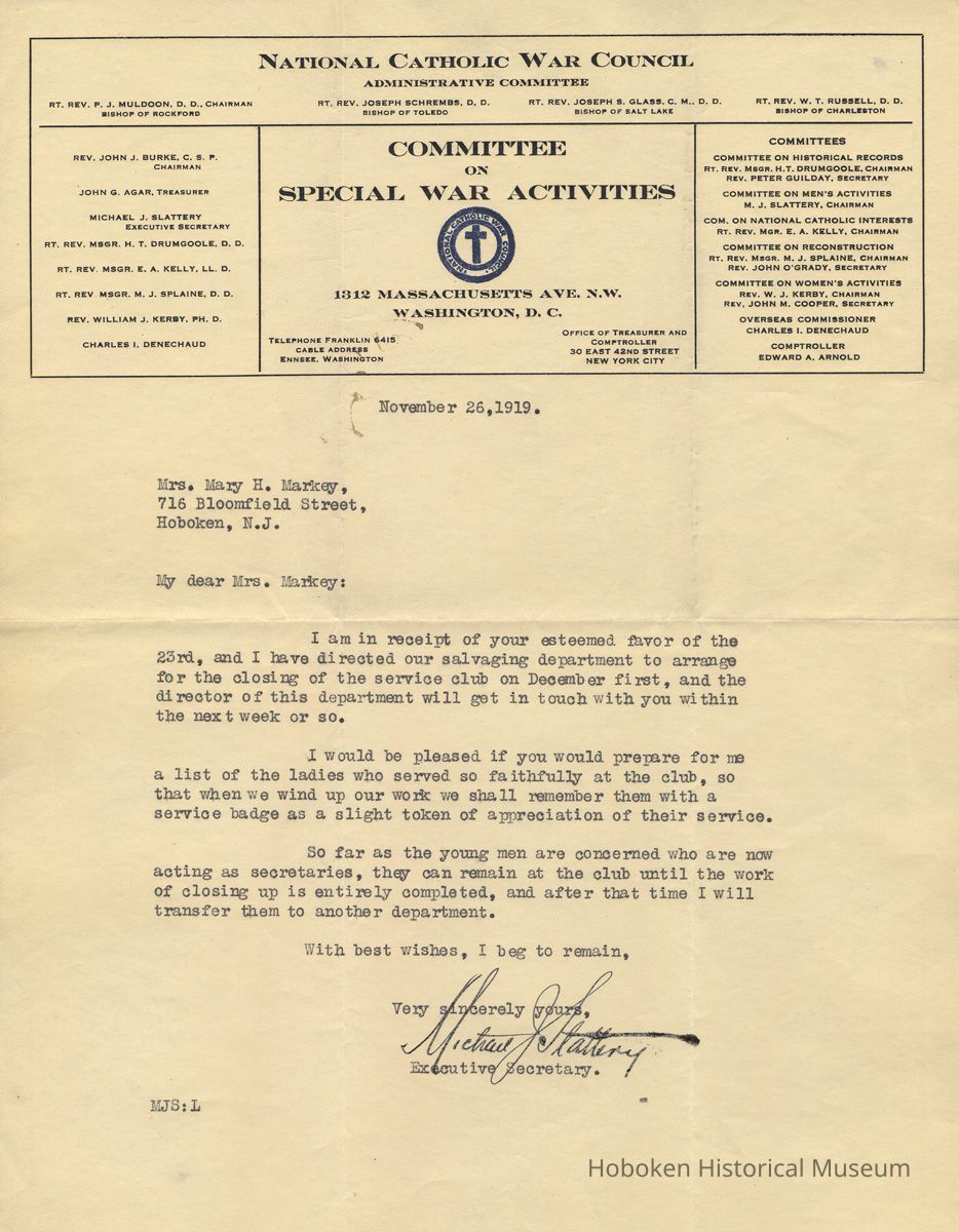 TLS from M. J. Slattery, National Catholic War Council to Mrs. Markey, Hoboken, Nov. 26, 1919 re arrangements for closing Admiral Benson Service Club and personnel. picture number 1