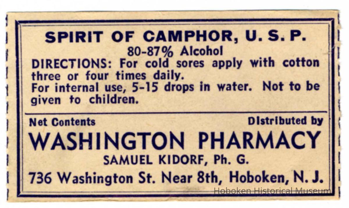 Printed container label, Spirit of Camphor, from Washington Pharmacy, 736 Washington Street, Hoboken, no date, ca. 1950-1960. picture number 1