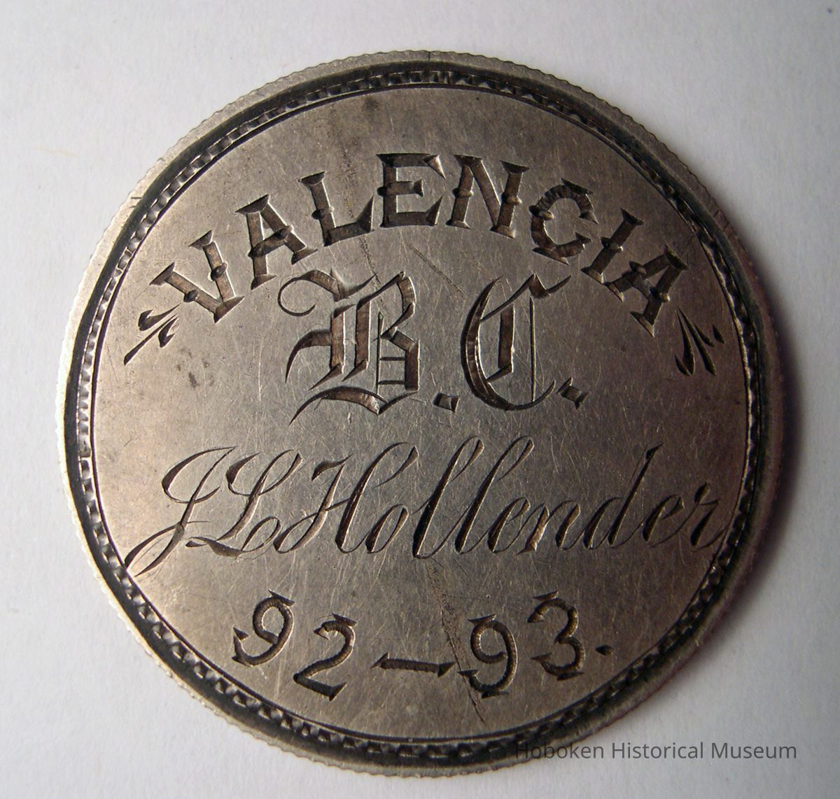 Valencia Boat Club (Hoboken) engraved coin for J.L. Hollender, 1893; Columbian Exposition Half Dollar. picture number 1