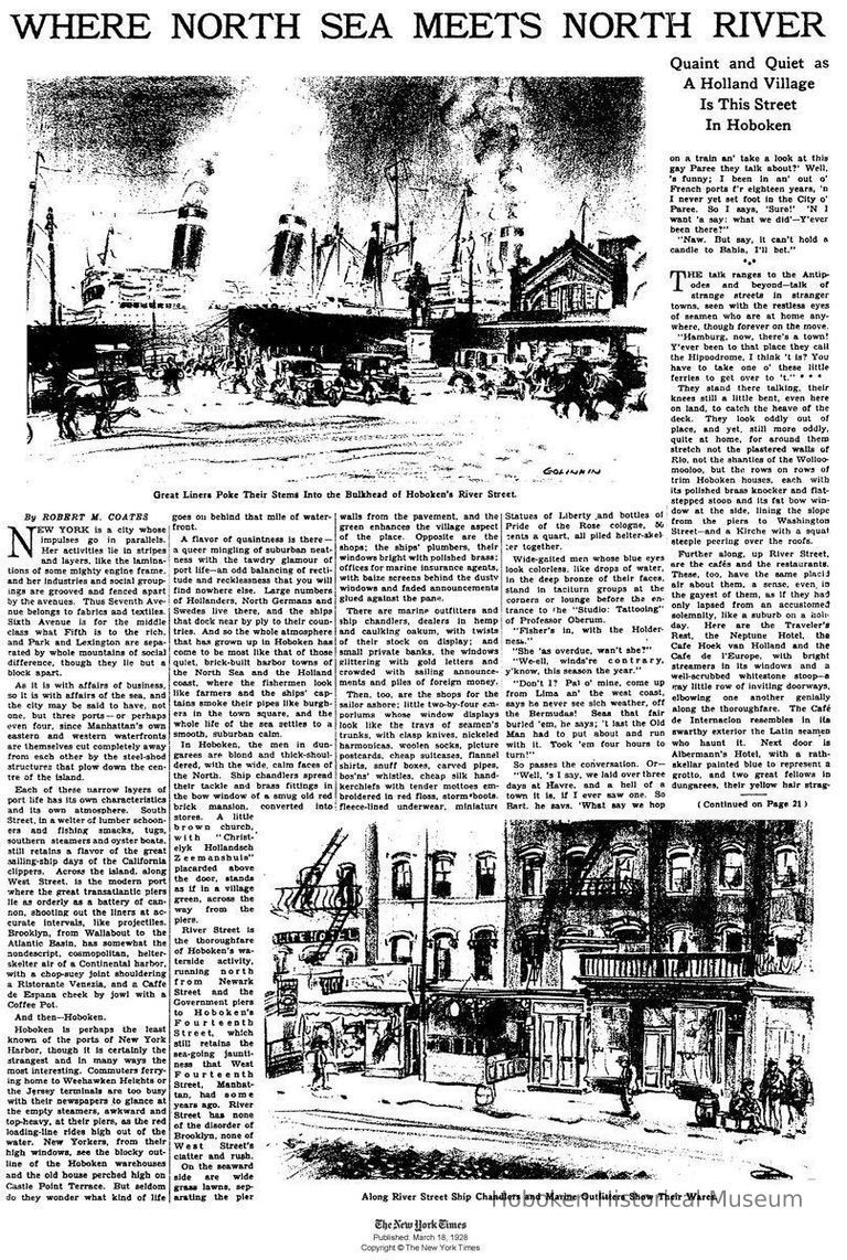 Article: Where the North Sea Meets North River: Quaint and Quiet as a Holland Village is This Street in Hoboken. Robert M. Coates; NYT, March 28, 1928. picture number 1