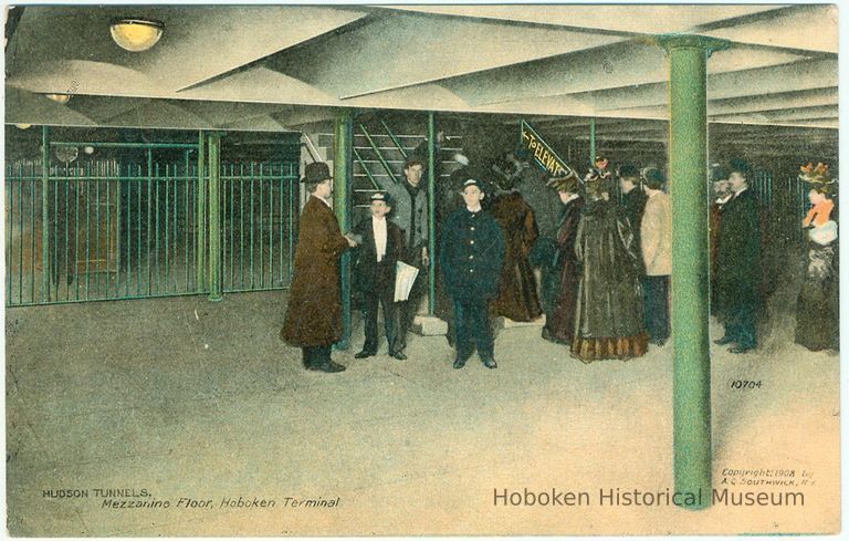 Digital image of Hudson & Manhattan R.R. postcard titled: Hudson Tunnels, Mezzanine Floor, Hoboken Terminal. 1908. picture number 1