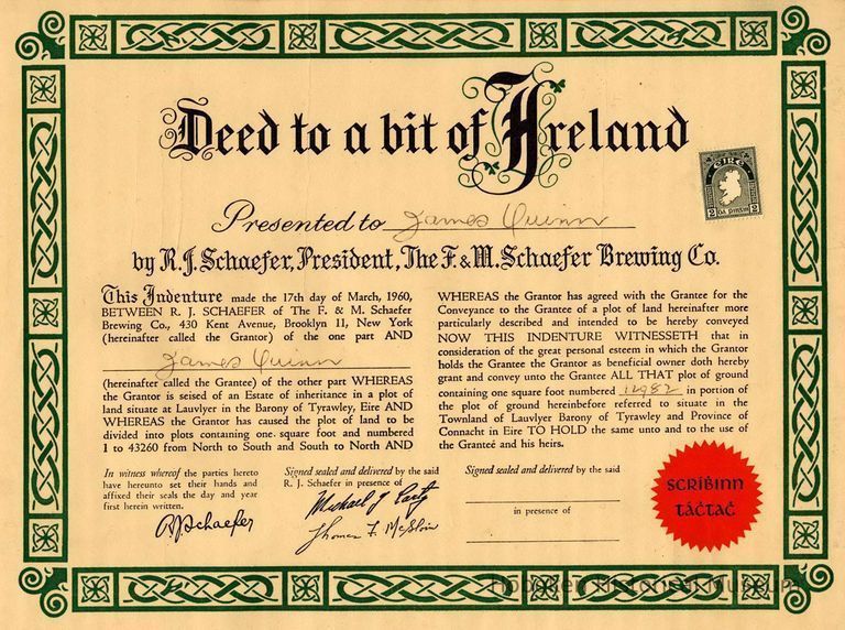 Deed to a bit of Ireland presented to James Quinn, proprietor of the Elysian Cafe, F. & M. Schaefer Brewing Company, Brooklyn, N.Y., March 12, 1960. picture number 1