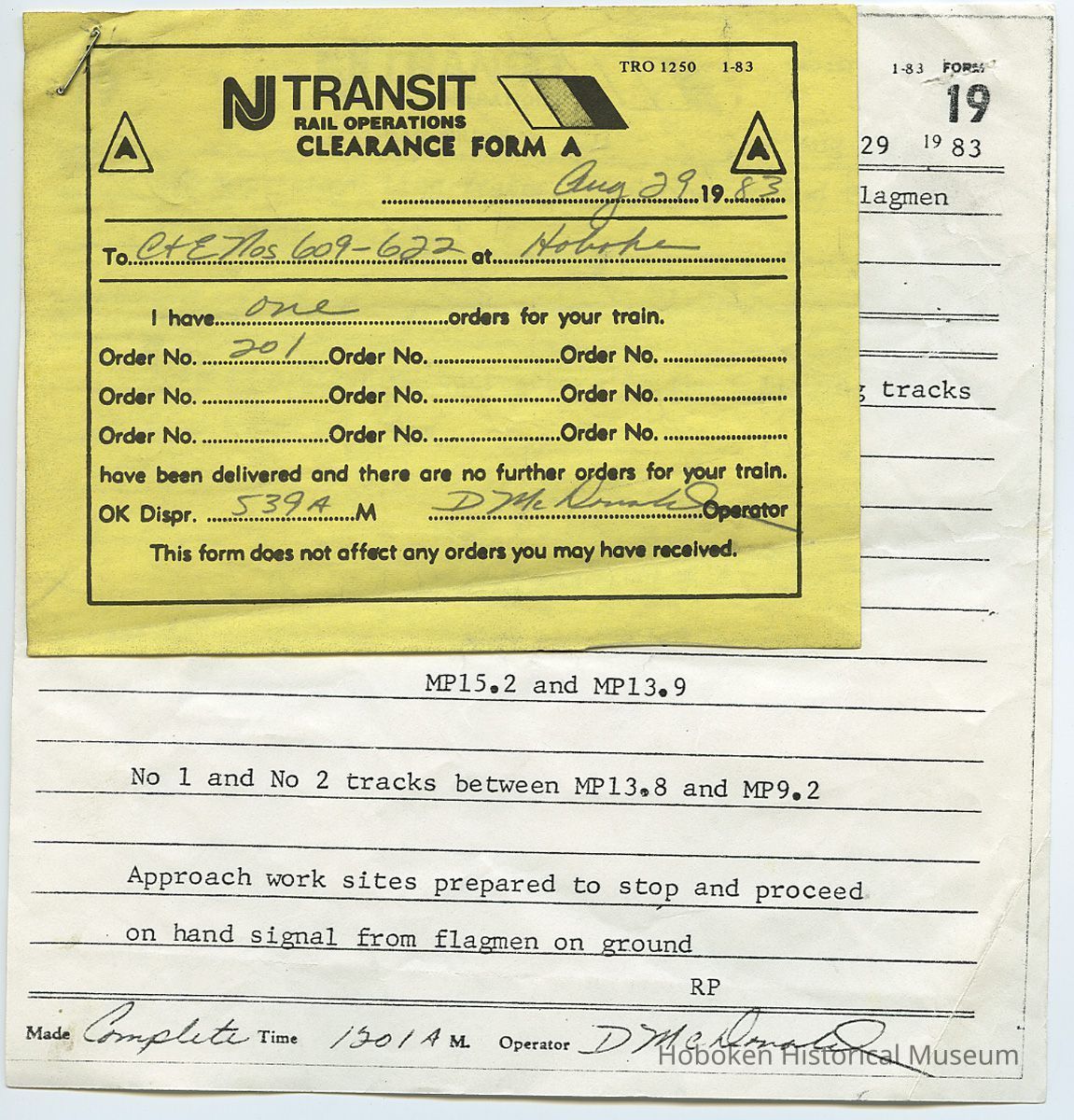 typical top form: NJ Transit Rail Operations, Clearance Form A