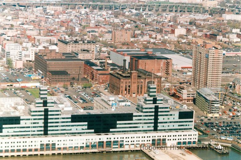 Digital image of color aerial photo of the exterior of the former Hudson & Manhattan Rail Road powerhouse, Jersey City, April 23, 2000. picture number 1