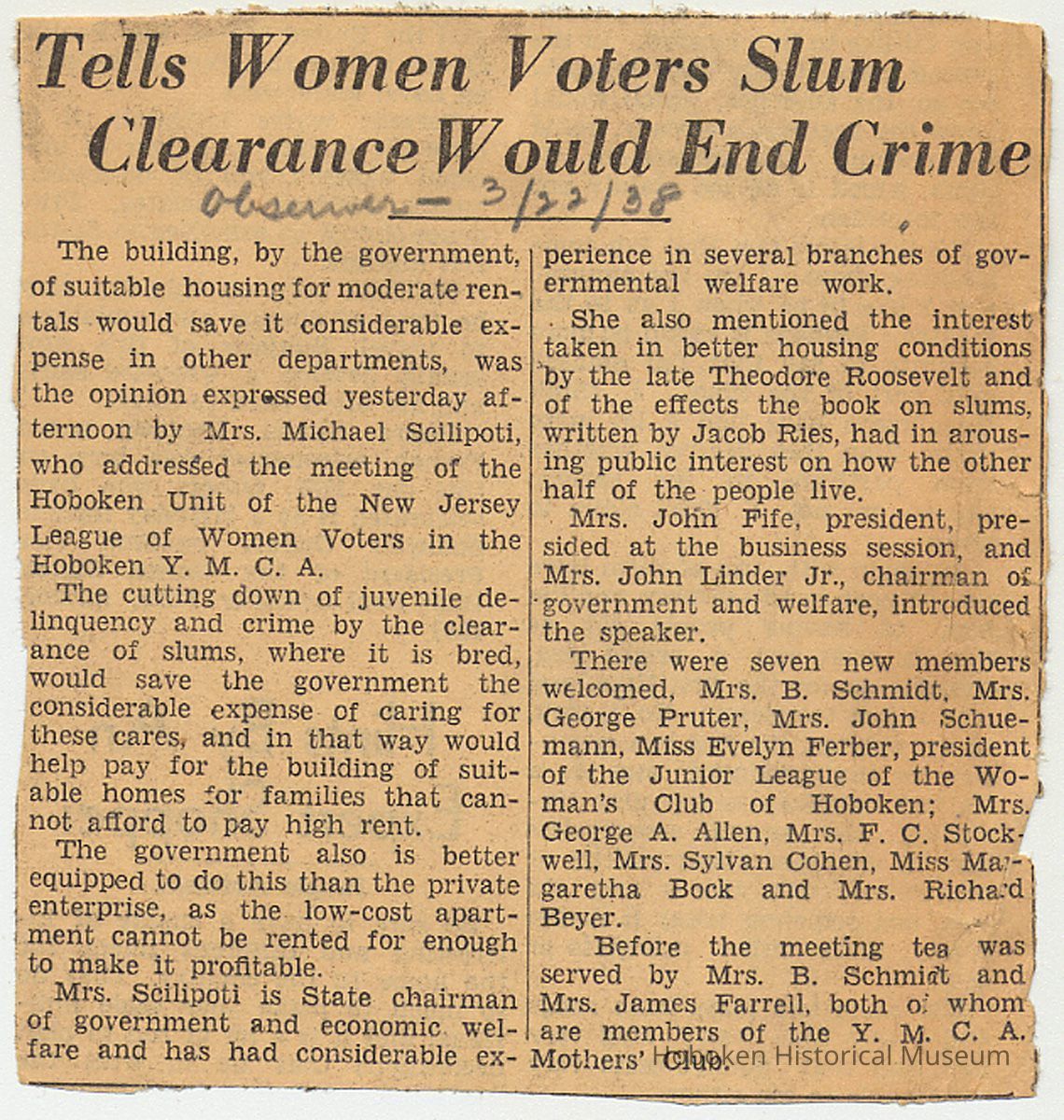 1. Tells Women Voters Slum Clearance Would End Crime