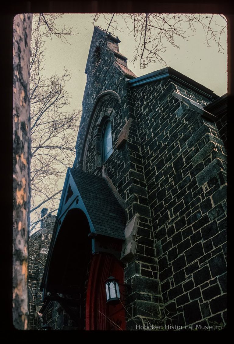 Color slide of detail view of the All Saints Episcopal Church portico and façade at 701 Washington on the corner of Washington and 7th picture number 1