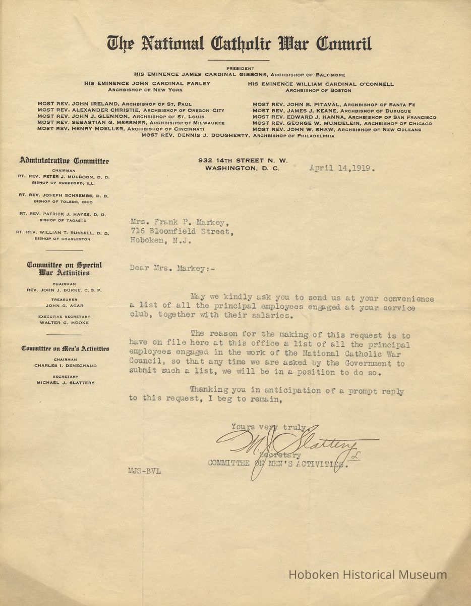 TLS from M[ichael]. J. Slattery, National Catholic War Council to Mrs. [Mary H.] Markey, April 14, 1919 re request for list of all employees at Admiral Benson Club. picture number 1