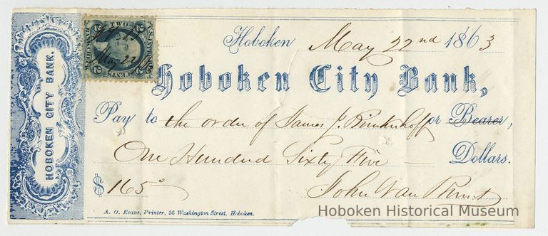 Hoboken City Bank check 1863