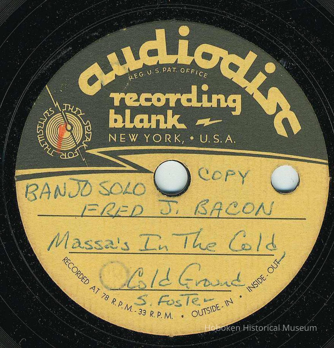Record: Massa's in the Cold Cold Ground by Stephen Foster. Banjo solo by Fred J. Bacon. picture number 1
