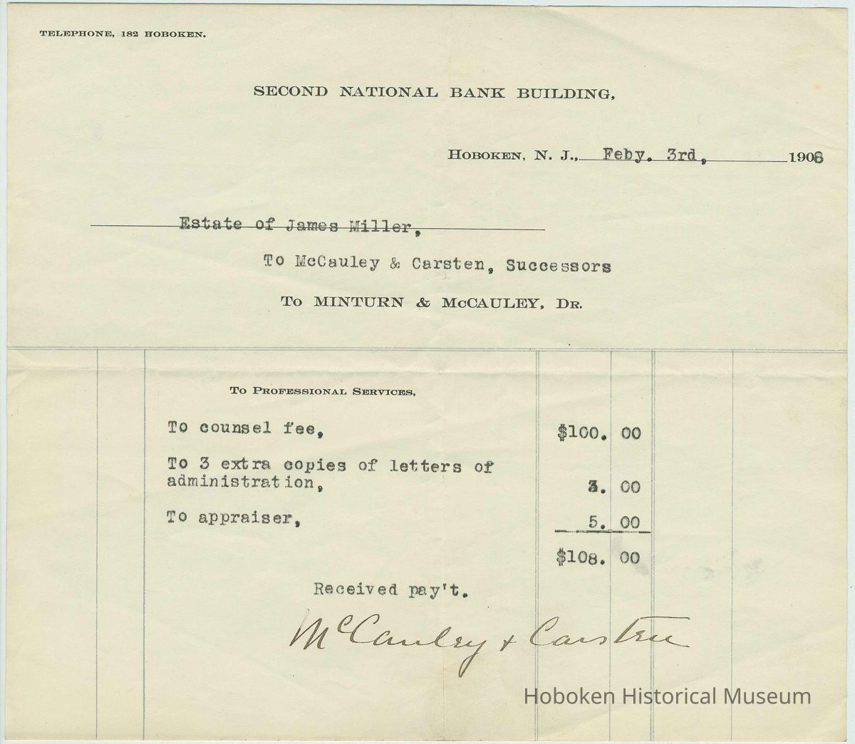 Receipt dated Feb. 3, 1906 to the Estate of James Miller from Minturn & Carsten (lawyers), Hoboken, N.J. for payment received. picture number 1
