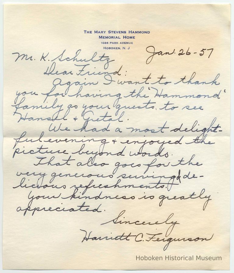 Digital image of letter to Ken Schultz from Harriet Ferguson on the letterhead of the Mary Stevens Hammond Memorial Home, Jan. 26, 1957. picture number 1