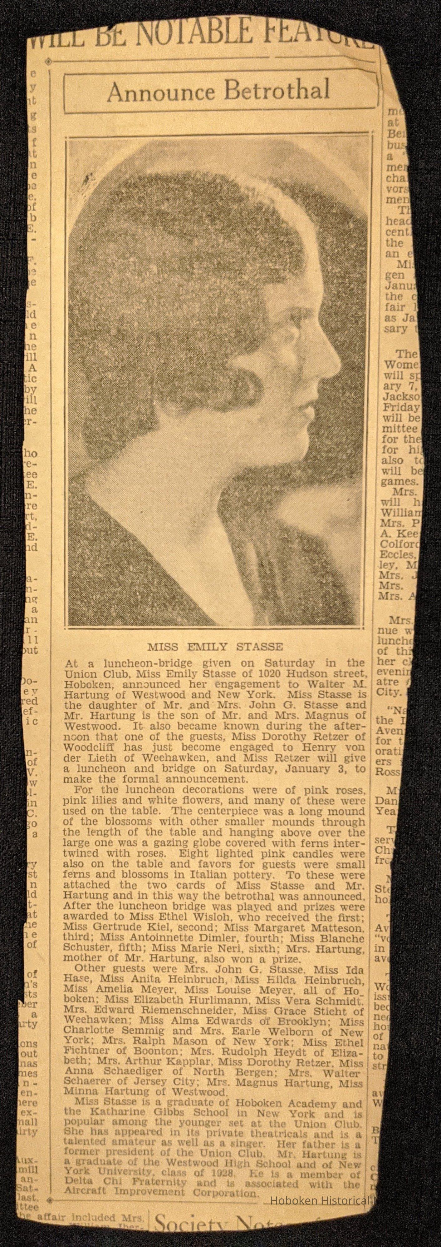 Newspaper article: Announce Betrothal, Miss Emily Stasse, Walter M. Hartung, n.d. picture number 1