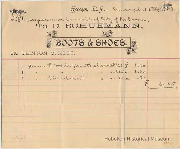 Bill from C. Schuemann, Boots & Shoes, 516 Clinton St., (Hoboken), March 14, 1903. picture number 1