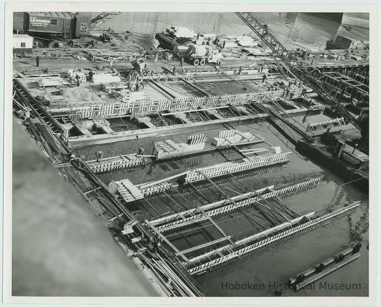 B+W photo of the construction of Pier 5 (formerly Pier 14) at the Bethlehem Steel Shipyard, Hoboken Division, January 30, 1957. picture number 1