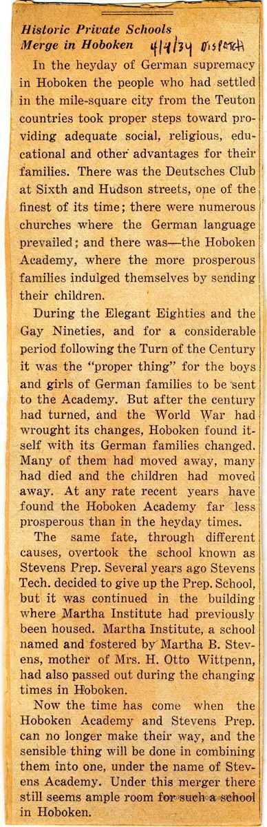 Digital image of newsclipping editorial: Historic Private Schools Merge in Hoboken. Hudson Dispatch, April 4, 1934. picture number 1