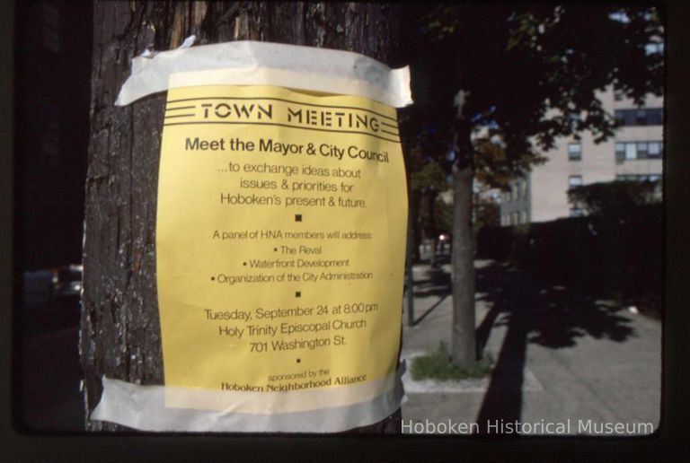 Color slide of flyer on utility pole for Town Meeting; Meet the Mayor and City Council, Tuesday, September 24th, Hoboken, ca. September 1983. picture number 1