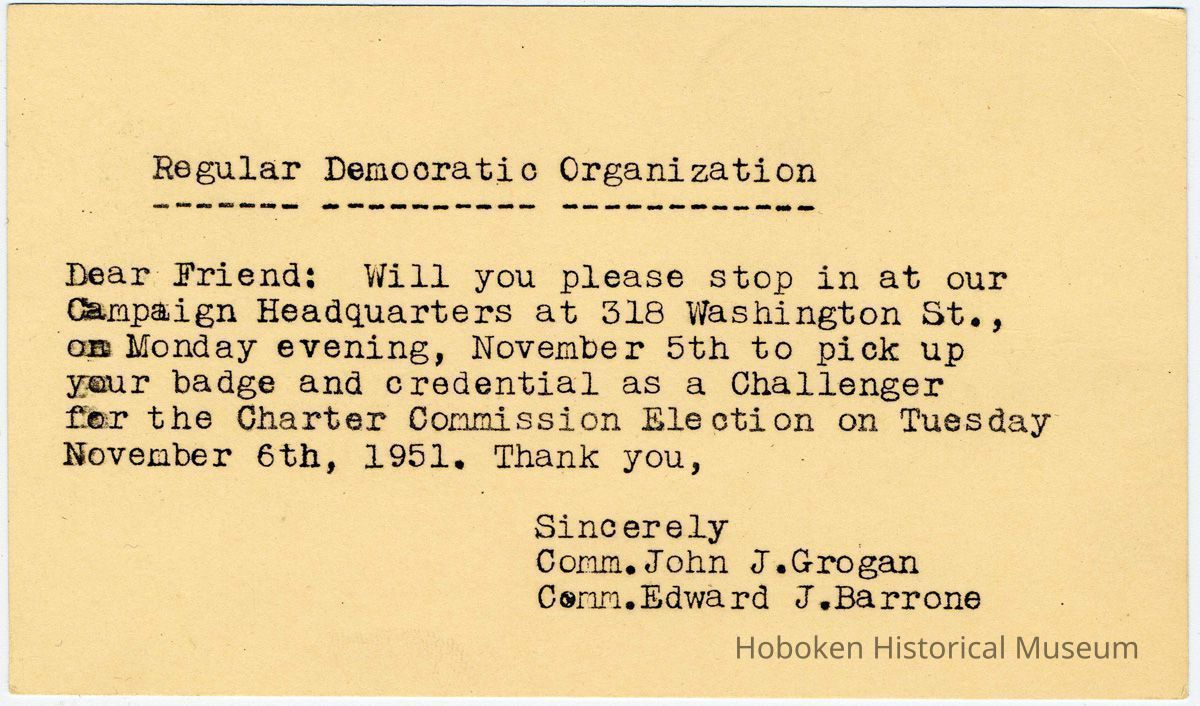 Digital image, imprinted postcard: A reminder to pick-up Challenger badge & credentials on Monday, Nov. 5th for Nov. 6, 1951 election. picture number 1