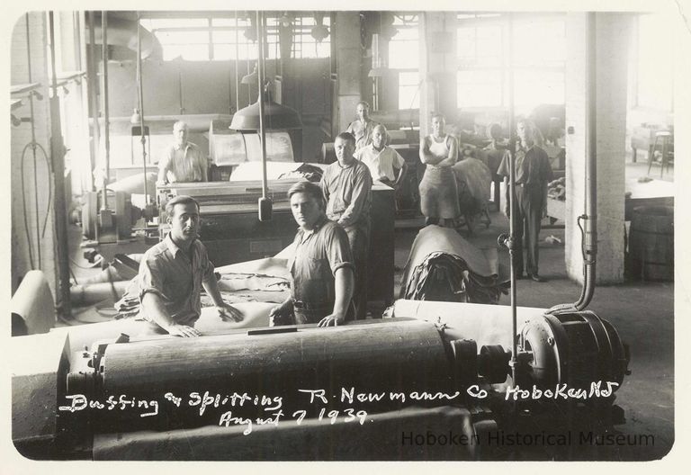 B+W photo of R. Neumann & Co. buffing and splitting department, Hoboken, August 7, 1939. picture number 1