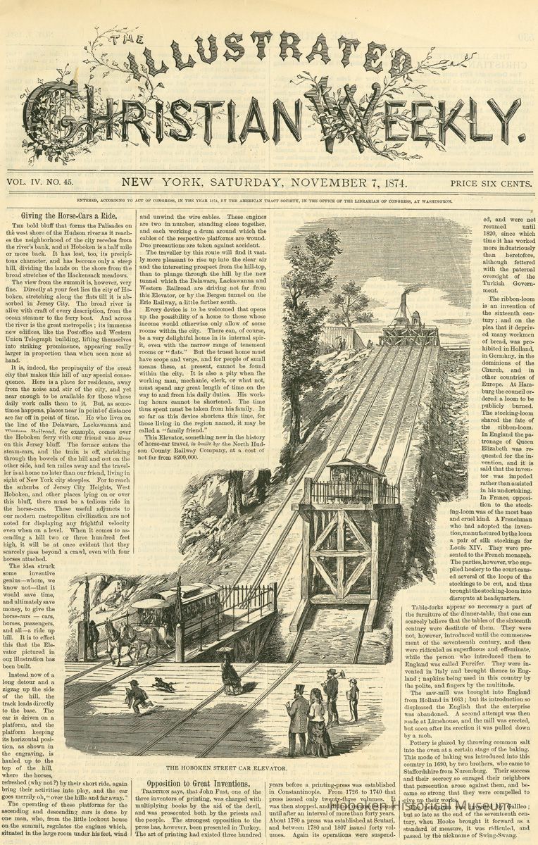 front page, Hoboken Street Car Elevator; Christian Weekly, Nov. 7, 1874