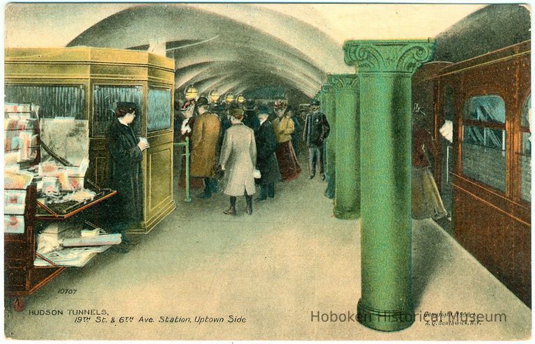 Digital image of Hudson & Manhattan R.R. postcard titled: Hudson Tunnels, 19th St. & 6th Ave. Station, Uptown Side. 1908. picture number 1