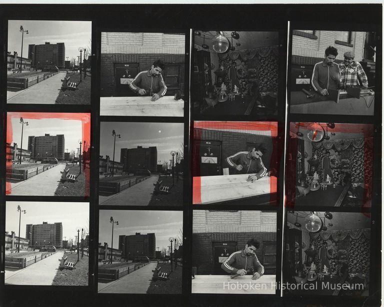 B+W negative contact sheet of images of Hoboken taken by John Conn. no date, [1976]. picture number 1