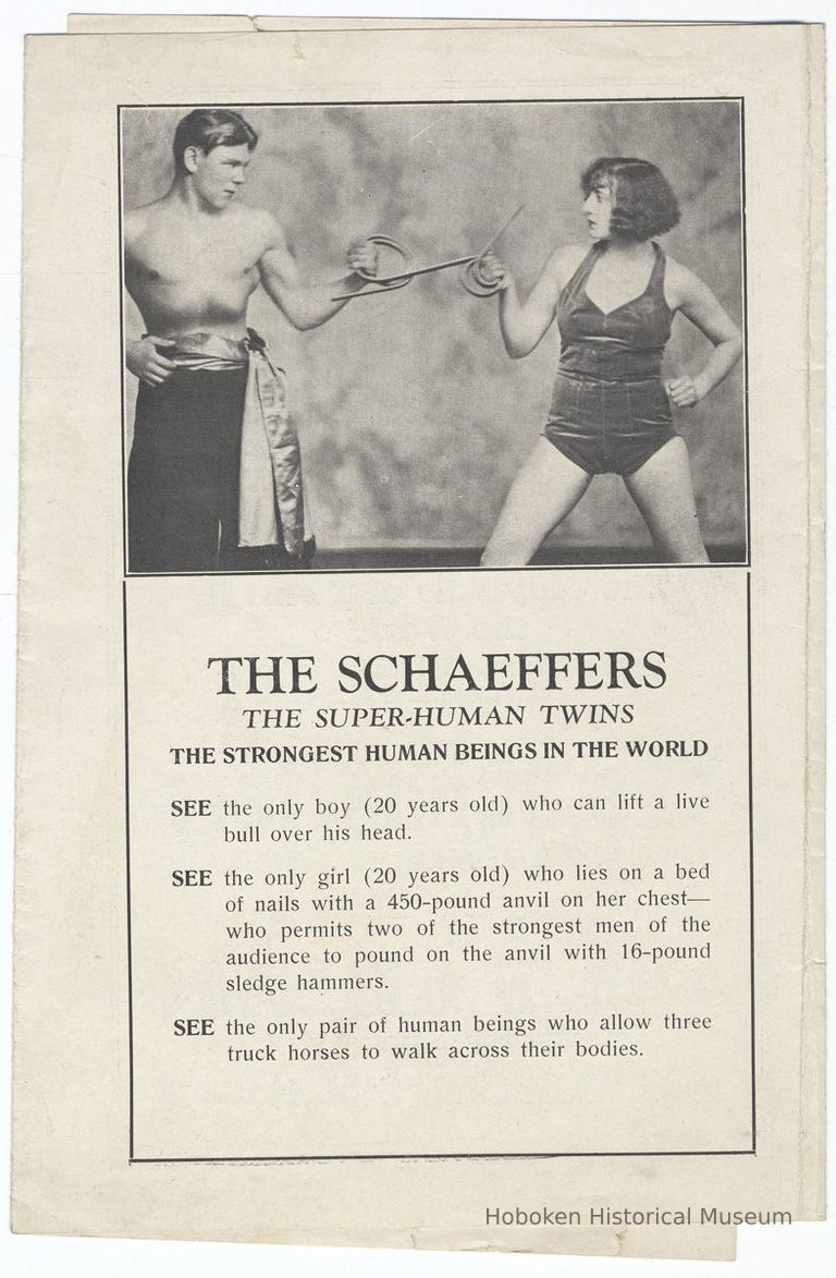 as folded (center panel, side 1): English text and photo of The Schaeffers