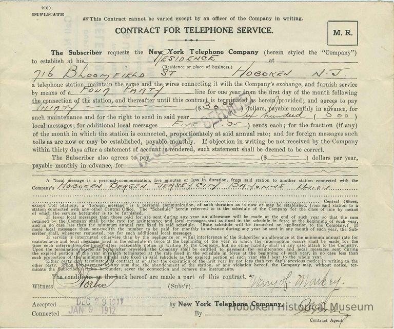 Contract for telephone service by the New York Telephone Company and Mary H. Markey, 716 Bloomfield St., Hoboken, N.J., 1911. picture number 1