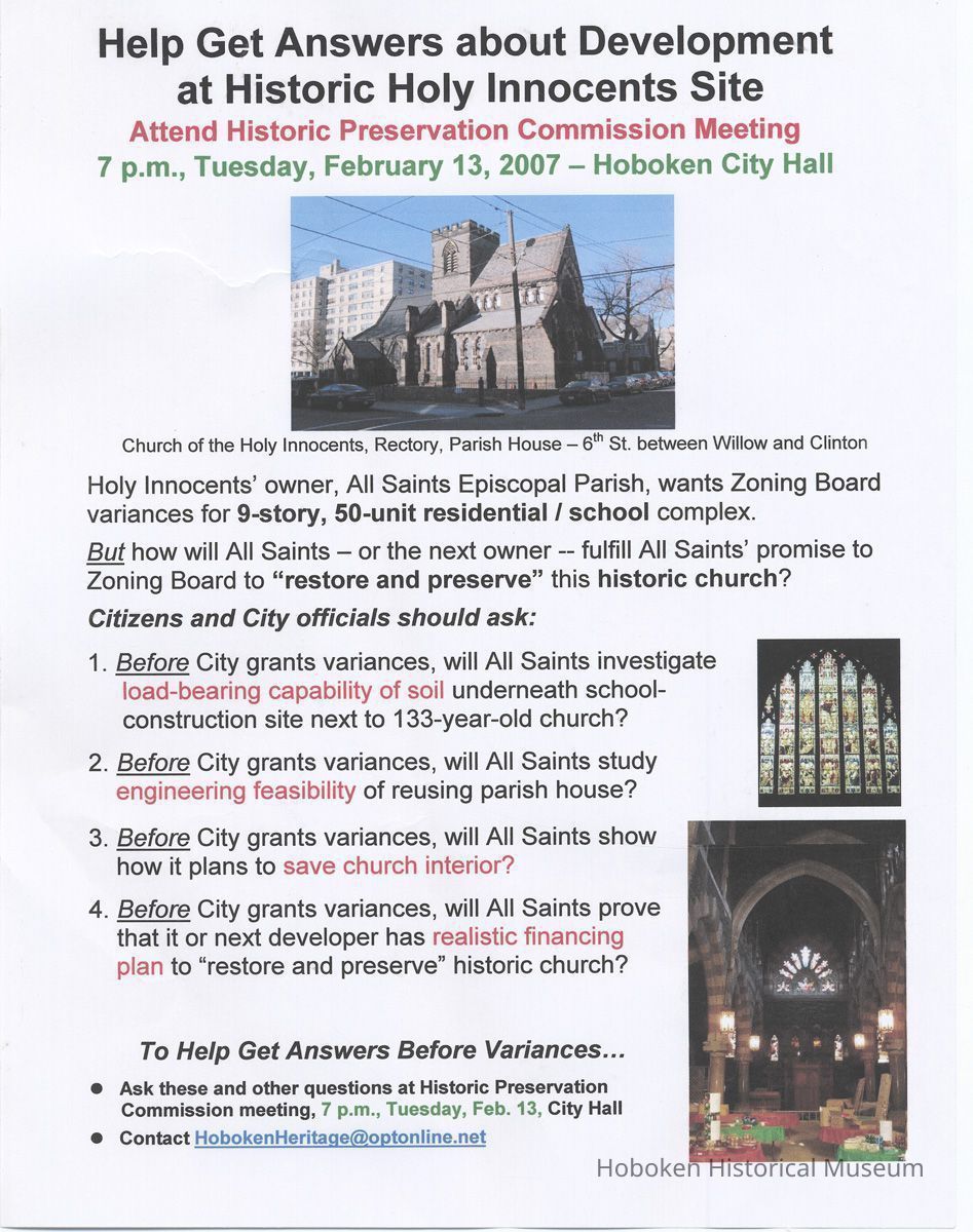 Handbill from Hoboken Heritage: Help Get Answers about Development at Historic Holy Innocents Site. February, 2007. picture number 1