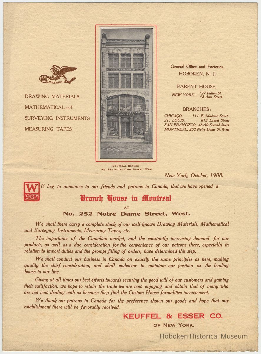 Announcement by Keuffel & Esser Co. of Montreal Branch House opening, Oct. 1908. picture number 1