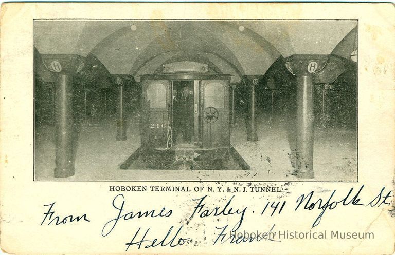 Digital image of Hudson & Manhattan R.R. postcard titled: Hoboken Terminal of N.Y. and N.J. Tunnel. No date, ca. 1908. picture number 1