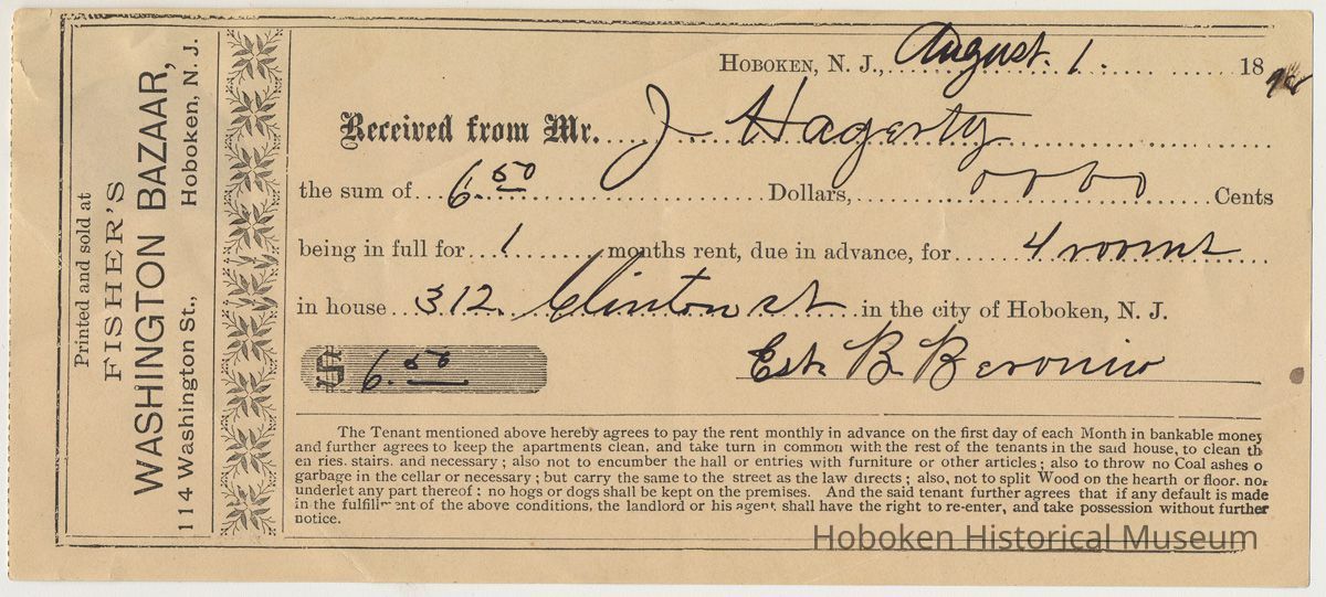 Receipt for J. Hagerty for rental at 312 Clinton St., Hoboken. Issued by Est. B. Beronino(?), August 1, 1898. picture number 1