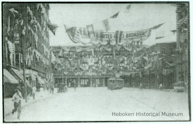 B&W image of street decorations celebrating opening of Hudson & Manhattan R.R., n.d., ca. Feb.-March, 1908. picture number 1