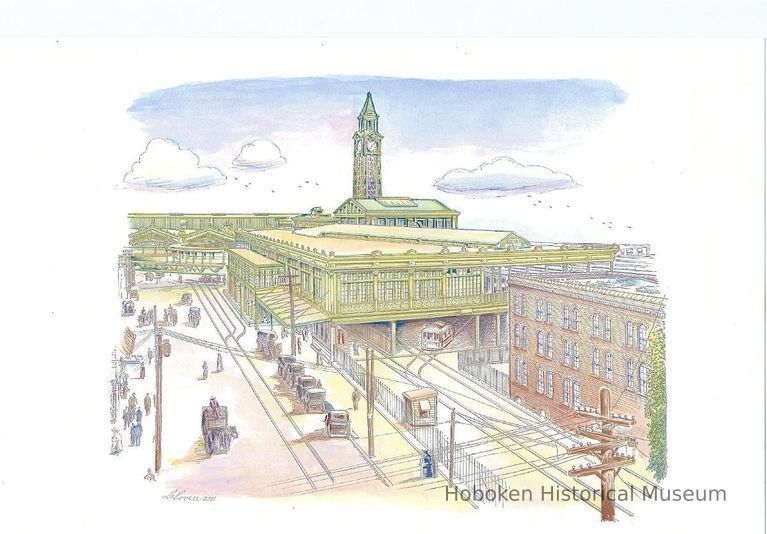 Color print of drawing of the Lackwanna Terminal and the Streetcar Terminal, Hudson Place, by Richard La Rovere, 2001. picture number 1